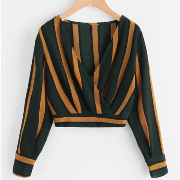 Tops - Beautiful Striped Crop Blouse Mustard Green